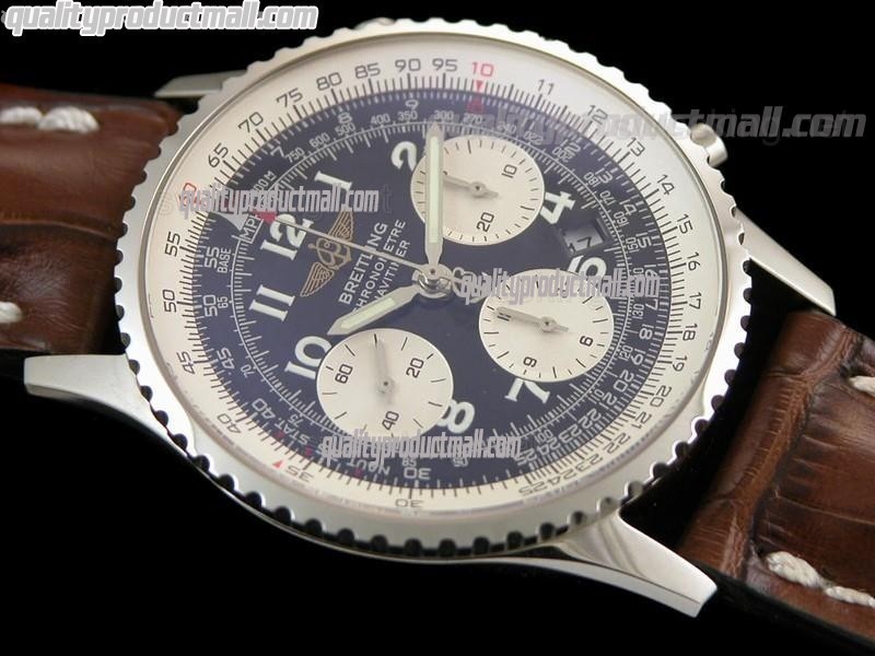 Breitling Navitimer Chronometre-Black Dial Numeral Hour Markers-Brown Leather Strap