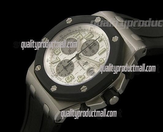 Audemars Piguet Royal Oak Offshore White Chronograph-White Dial Numeral Hour Markers-Black Rubber Strap