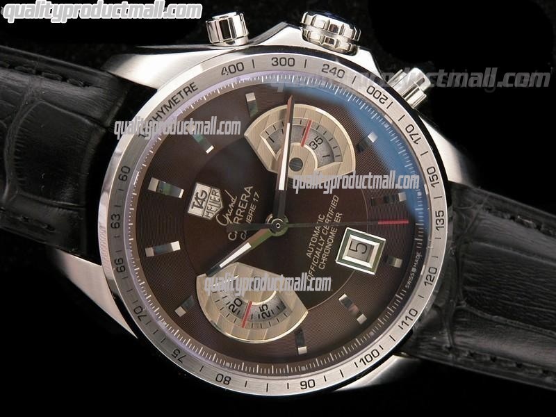 Tag Heuer Grand Carrera Calibre 17 Automatic Chronograph-Brown Dial Silver Ring Subdials-Black Leather strap