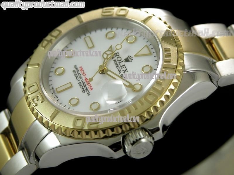 Rolex Yachtmaster II Bi Tone Swiss ETA-White Dial White Dot Markers-Gold Plated Stainless Steel Oyster Strap