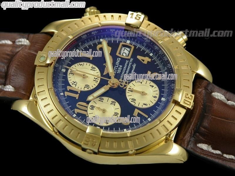 Breitling Chronomat Evolution V3 Chronograph 18K Gold-Black Dial Gold Subdials Numeral Hour Markers-Brown Leather Bracelet