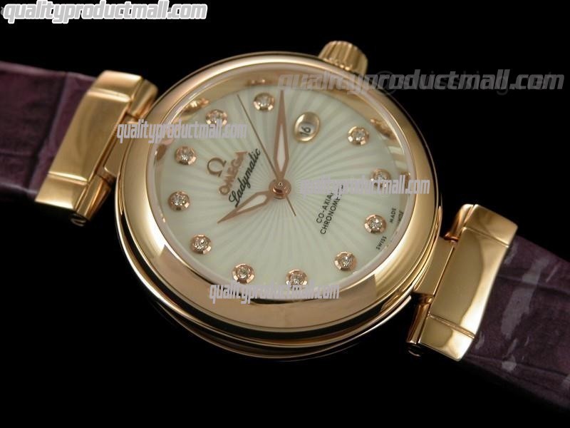 Omega Deville Ladymatic 18k Rose Gold Swiss Automatic Watch-White Coral Design Dial-Purple Leather strap