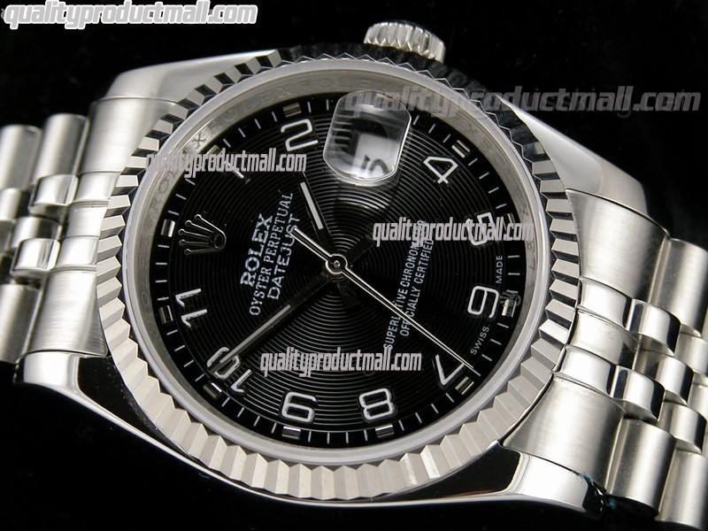 Rolex Datejust 36mm Swiss Automatic Watch-Black Circular Pattern Dial Numeral Hour Markers-Stainless Steel Jubilee Bracelet