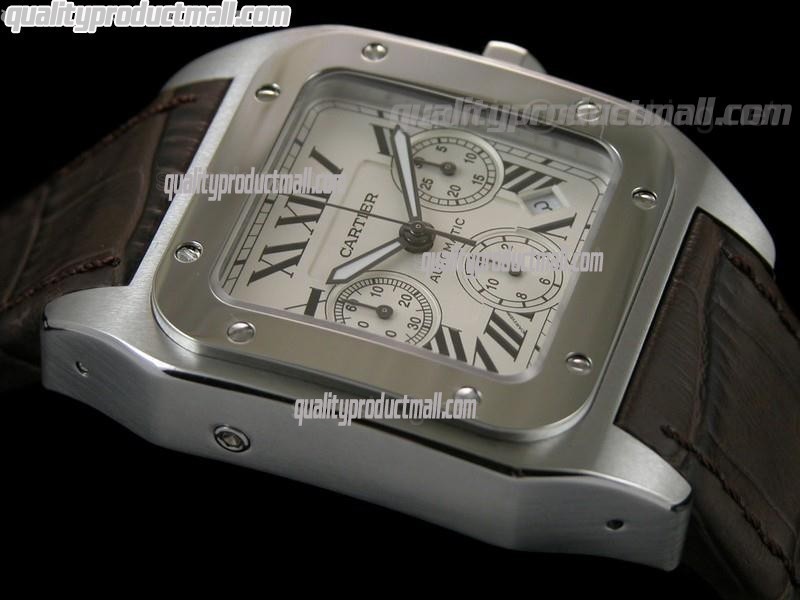 Cartier Santos 100th Anniversary Automatic Watch-White Dial-Brown Leather Strap