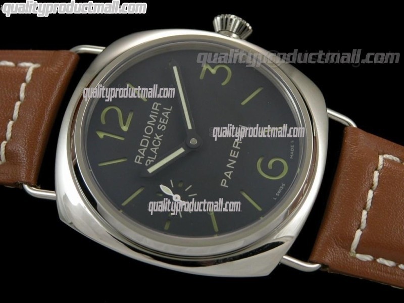Panerai Radiomir Black Seal PAM183 Manual Handwound Watch-Black Dial Numeral/Stick Hour Marker-Brown Leather Strap