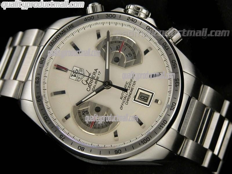 Tag Heuer Grand Carrera Calibre 17 Automatic Chronograph-White Dial Silver Ring Subdials-Stainless Steel bracelet