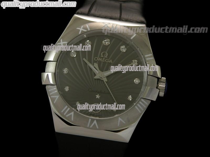 Omega Constellation Midsize Swiss Quartz-Fan Shell Design Grey Dial-Black Leather Strap