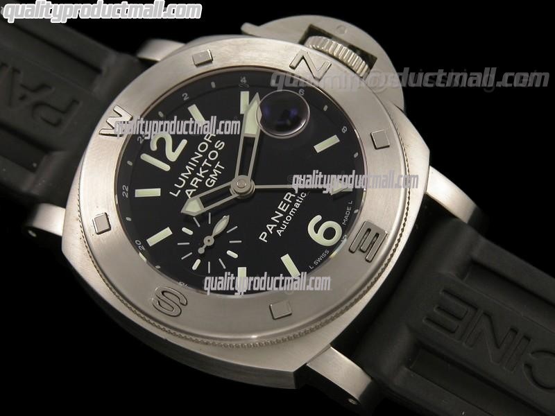 Panerai PAM186 Arktos GMT Automatic-Black Dial Dot/Numeral markers-Black Rubber Strap