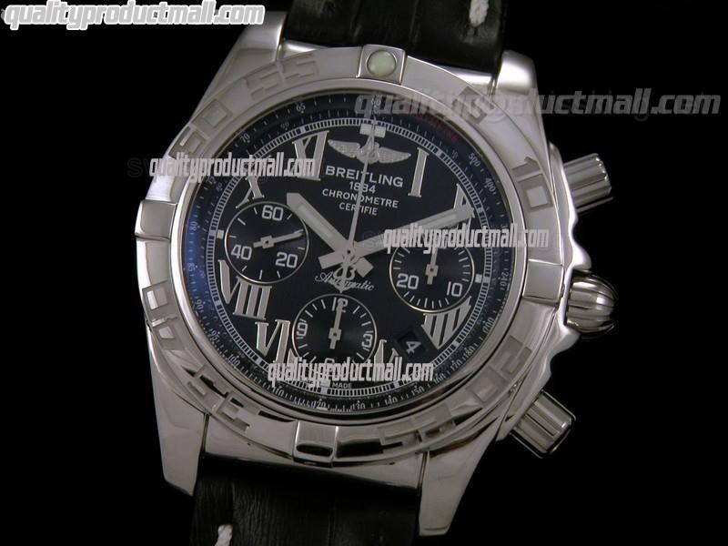 Breitling Chronomat B01 Chronograph-Black Dial Roman Numeral Markers-Black Leather Strap