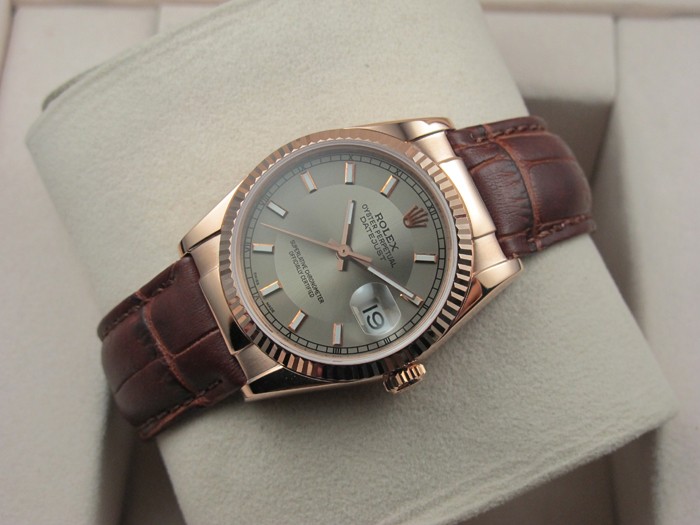Rolex Datejust 36mm Swiss Automatic Watch Rose Gold-Silvery Dial Stick Markers-Brown Leather Bracelet