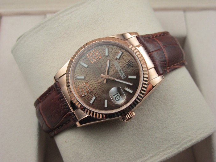 Rolex Datejust 36mm Swiss Automatic Watch 18K Gold-Brown Dial Diamond Stick Markers-Brown Leather Bracelet