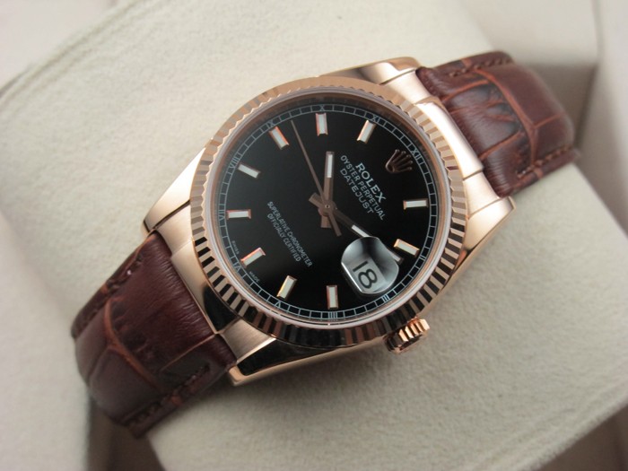 Rolex Datejust 36mm Swiss Automatic Watch Rose Gold-Black Dial Stick Markers-Brown Leather Bracelet
