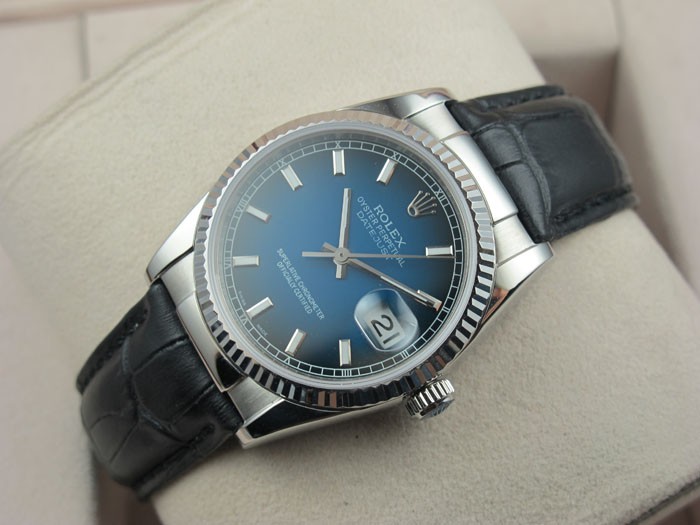 Rolex Datejust 36mm Swiss Automatic Watch-Blue Dial Stick Markers-Black Leather Bracelet