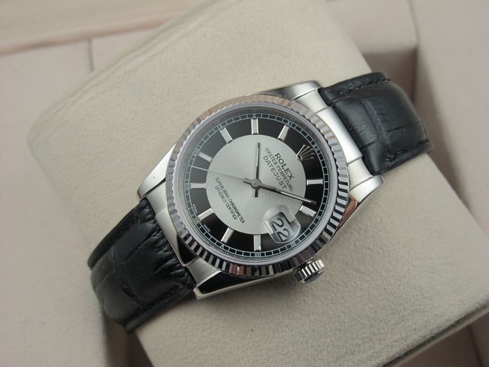 Rolex Datejust 36mm Swiss Automatic Watch-Black&Silvery Dial Stick Markers-Black Leather Bracelet