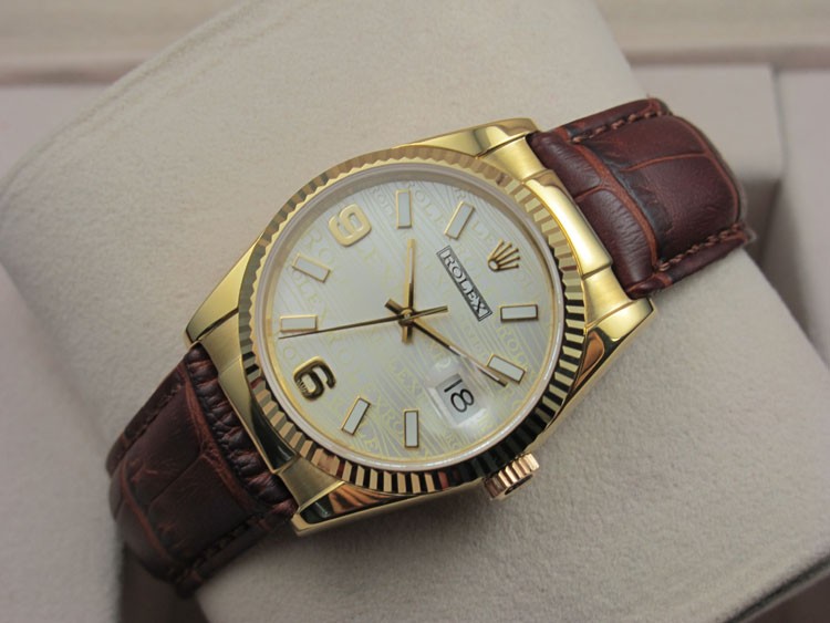 Rolex Datejust 36mm Swiss Automatic18K Gold-White Dial Stick Markers-Brown Leather Bracelet