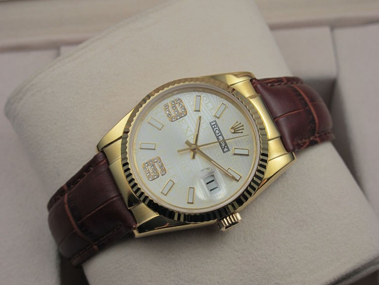 Rolex Datejust 36mm Swiss Automatic Watch 18K Gold-White Dial Diamond Stick Markers-Brown Leather Bracelet