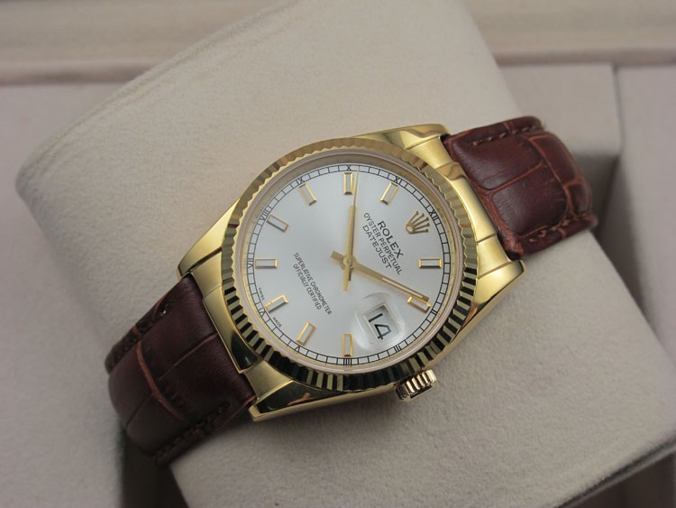 Rolex Datejust 36mm Swiss Automatic Watch 18K Gold-White Dial Stick Markers-Brown Leather Bracelet