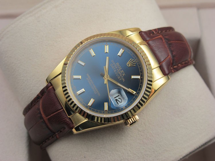 Rolex Datejust 36mm Swiss Automatic Watch 18K Gold-Blue Dial Stick Markers-Brown Leather Bracelet