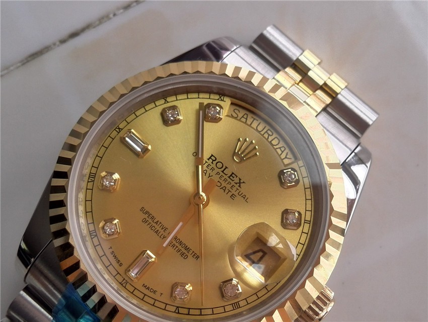 Rolex Day Date Automatic Swiss Watch 18K Gold-Gold Dial Diamond Hour Markers-tainless Steel Jubilee Bracelet