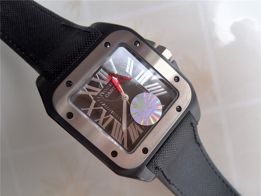 Cartier Santos 100th Anniversary Automatic Watch-Black Dial Titanium Bezel-Black Nylon Strap