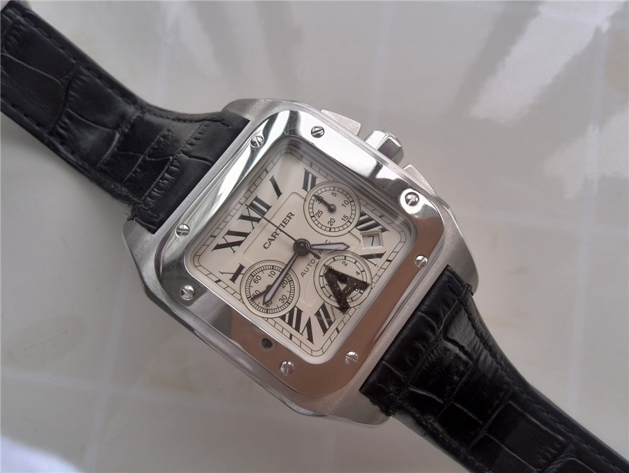 Cartier Santos 100th Anniversary Automatic Watch-White Dial-Black Leather Strap