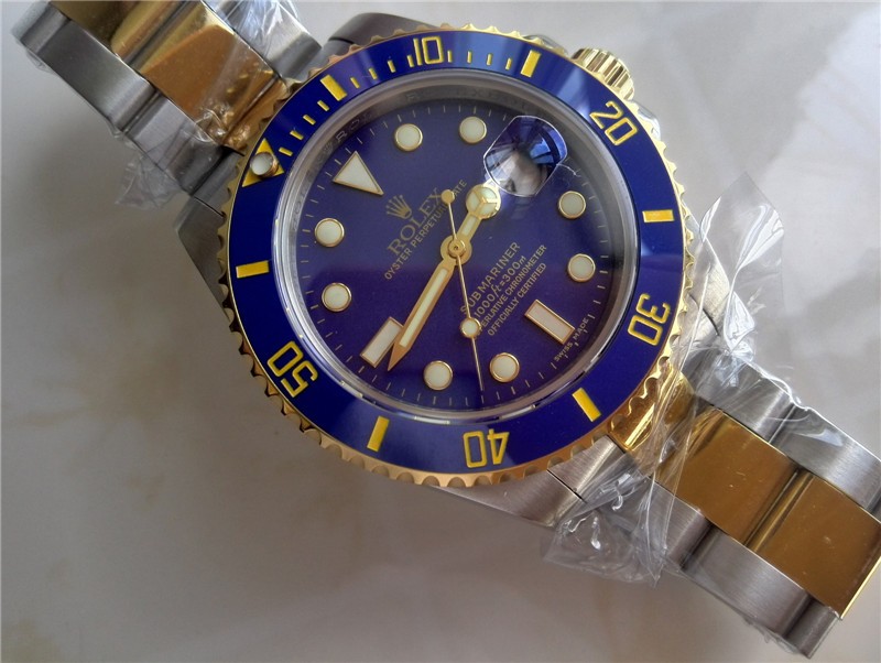 Rolex Submariner Automatic Swiss Watch 18k Gold-Blue Dial with Gold Markers-Stainless Steel New Style Brushed Oyster Bracelet 