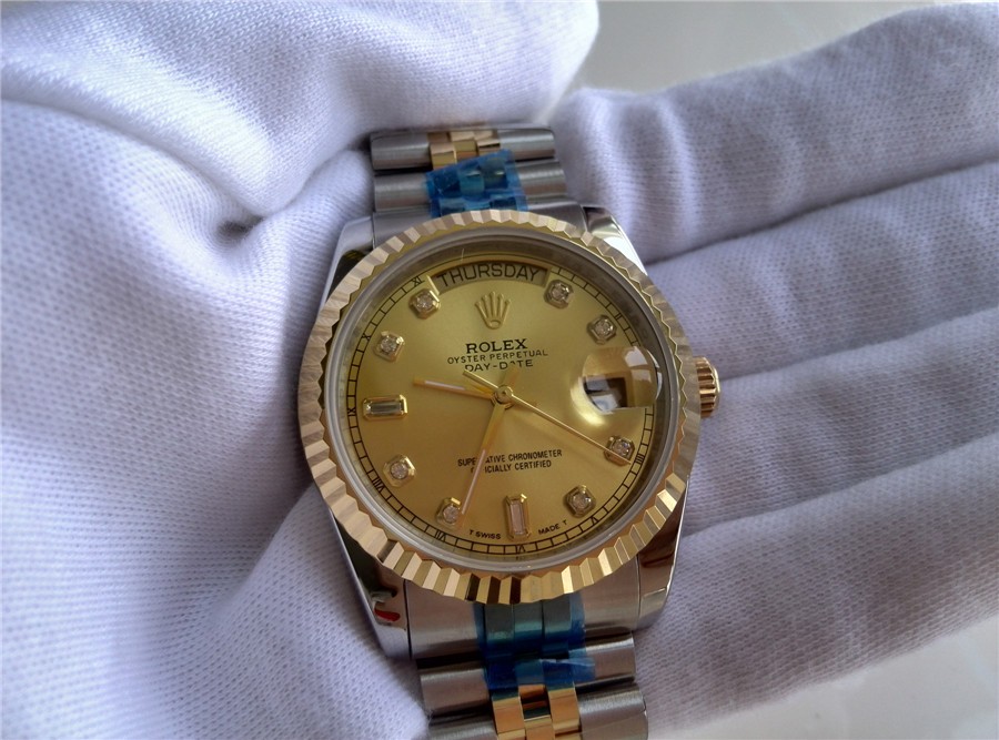 Rolex Day Date Automatic Swiss Watch 18K Gold-Gold Dial Diamond Hour Markers-tainless Steel Jubilee Bracelet