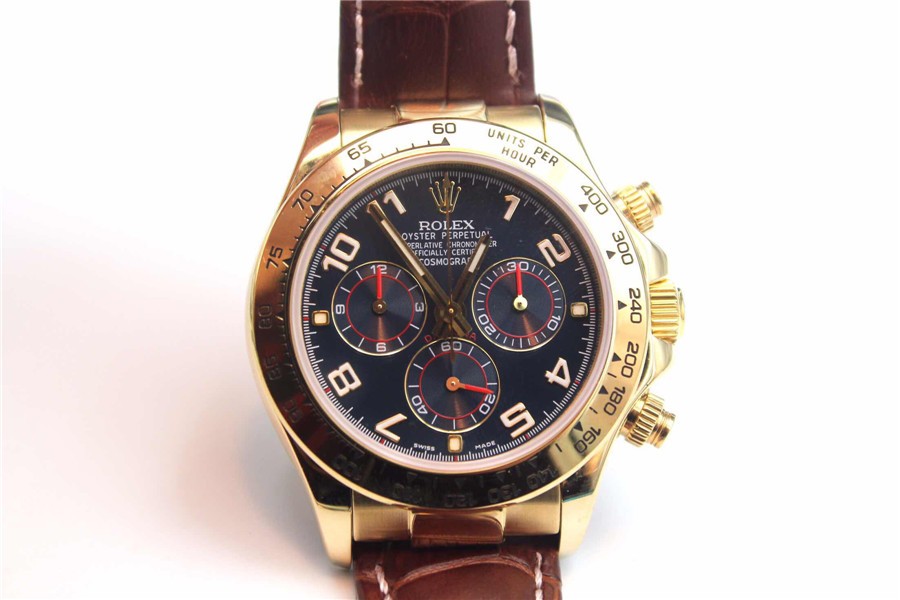 Rolex Daytona Swiss Automatic Watch-Gold Case, Black Dial-Brown Leather Strap