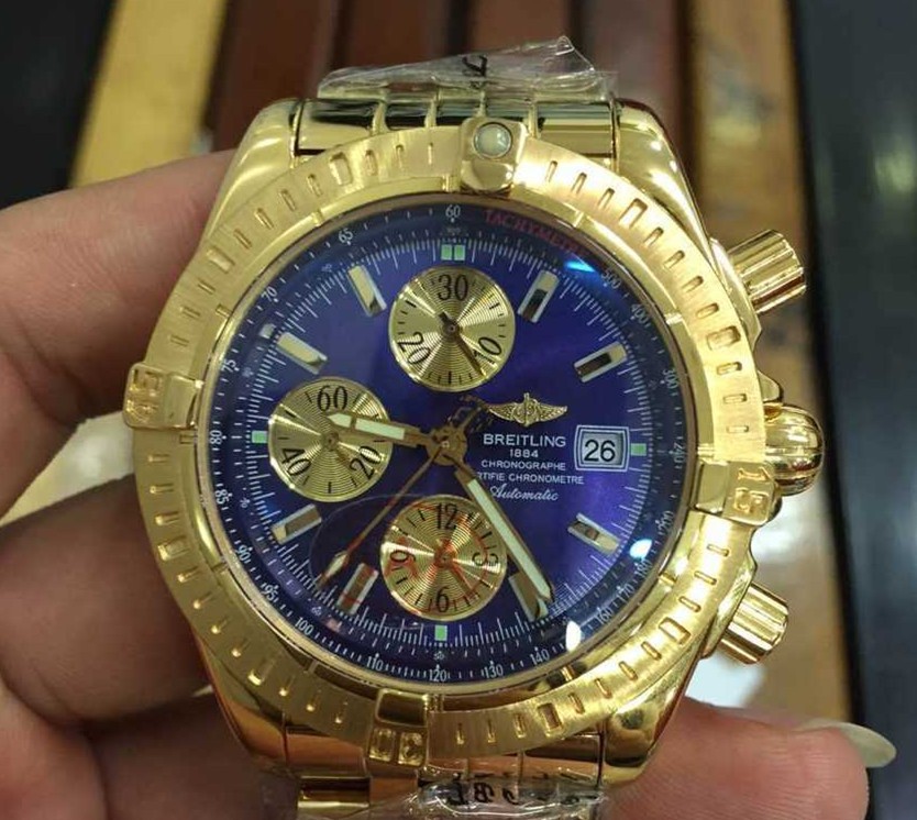 Breitling Chronomat Evolution V3 Chronograph 18K Gold-Blue Dial Gold Subdials Index Hour Markers-Stainless Steel Bracelet