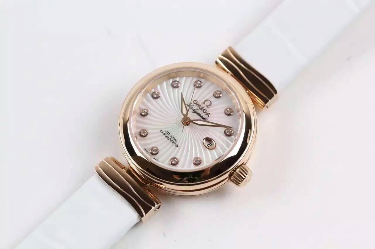 Omega Deville Ladymatic 18k Rose Gold Swiss Automatic Watch-White Coral Design Dial-White Leather strap