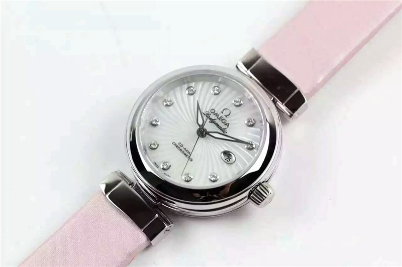 Omega Deville Ladymatic Diamond Swiss Automatic Watch-White Coral Design Dial-Pink Leather strap
