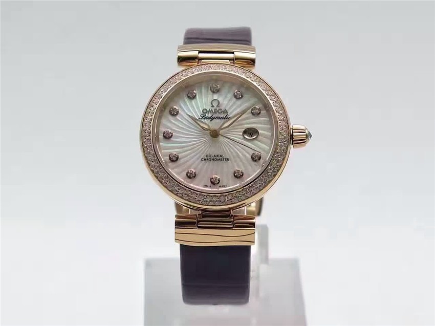 Omega Ladymatic 18k Rose Gold Diamond Swiss Automatic Watch-White Coral Design Dial