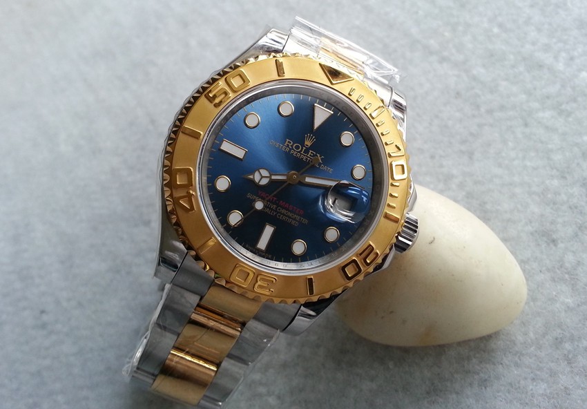 Rolex Yachtmaster II Bi Tone Swiss ETA-Blue Dial White Dot Markers-Gold Plated Stainless Steel Oyster Strap