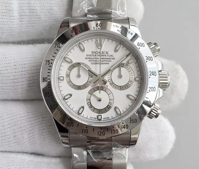 Rolex Daytona Swiss Chronograph-White Dial, Silver Ring Subdials-Stainless Steel Oyster Bracelet